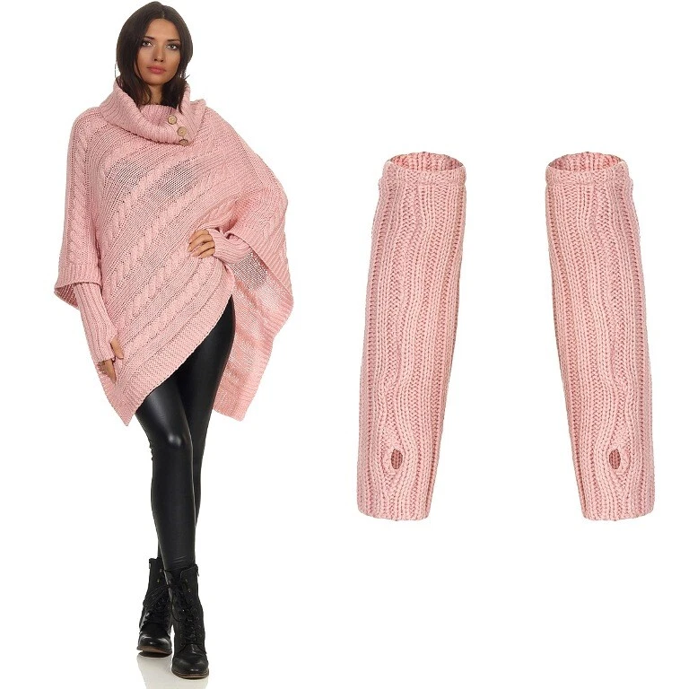 Mississhop Poncho Cape Strick Pullover Umhang Überwurf mit Stulpen 36 38 40 42 - Bild 2 von 4