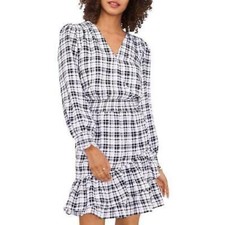 Vince Camuto Womens Plaid Long Sleeves Work Fit & Flare Dress White Black XL NWT
