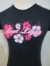 Vintage Bud Light Womens Shirt Medium Black Pink Logo Hawaiian Floral Y2K Beach