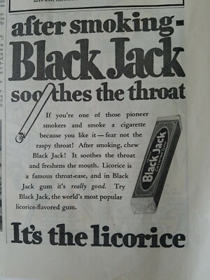 1928 Black Jack licorice chewing gum after smoking soothes the throat vintage ad