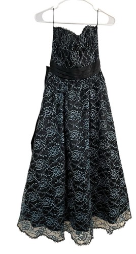 VTG Gunne Sax Jessica McClintock Strapless Black Blue Lace A Line Dress Bow XS - Picture 5 of 11