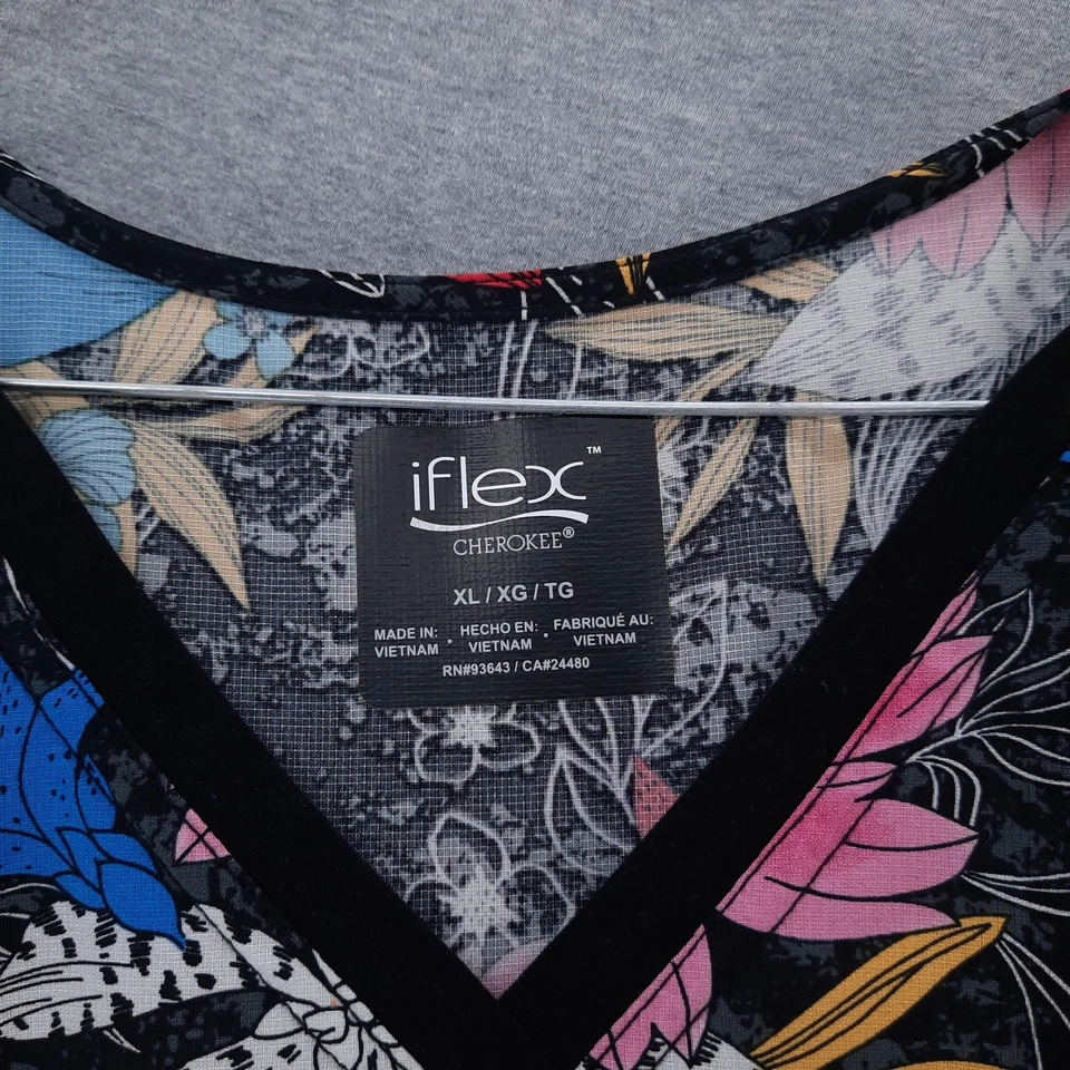Cherokee iFlex Scrub Top Womens XL Black Floral V-Neck Stretch Pockets CK636 - Image 2 of 4