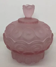 READ VTG LE Smith Glass Moon and Stars Frosted Pink Satin Covered Candy Dish