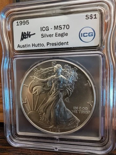 1995 $1 AMERICAN SILVER EAGLE ICG MS70 "RARE" Grade AUSTIN HUTTO HAND SIGNED
