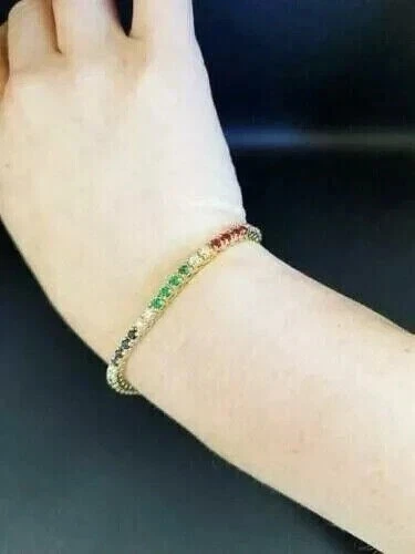 8CT Round Cut Lab Created Ruby Emerald Tennis Bracelet 14K Yellow Gold Plated 7" - Image 2 of 4