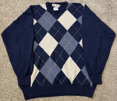 Vintage Pringle Of Scotland Wool Knit Navy Blue White Argyle Sweater Medium 80s
