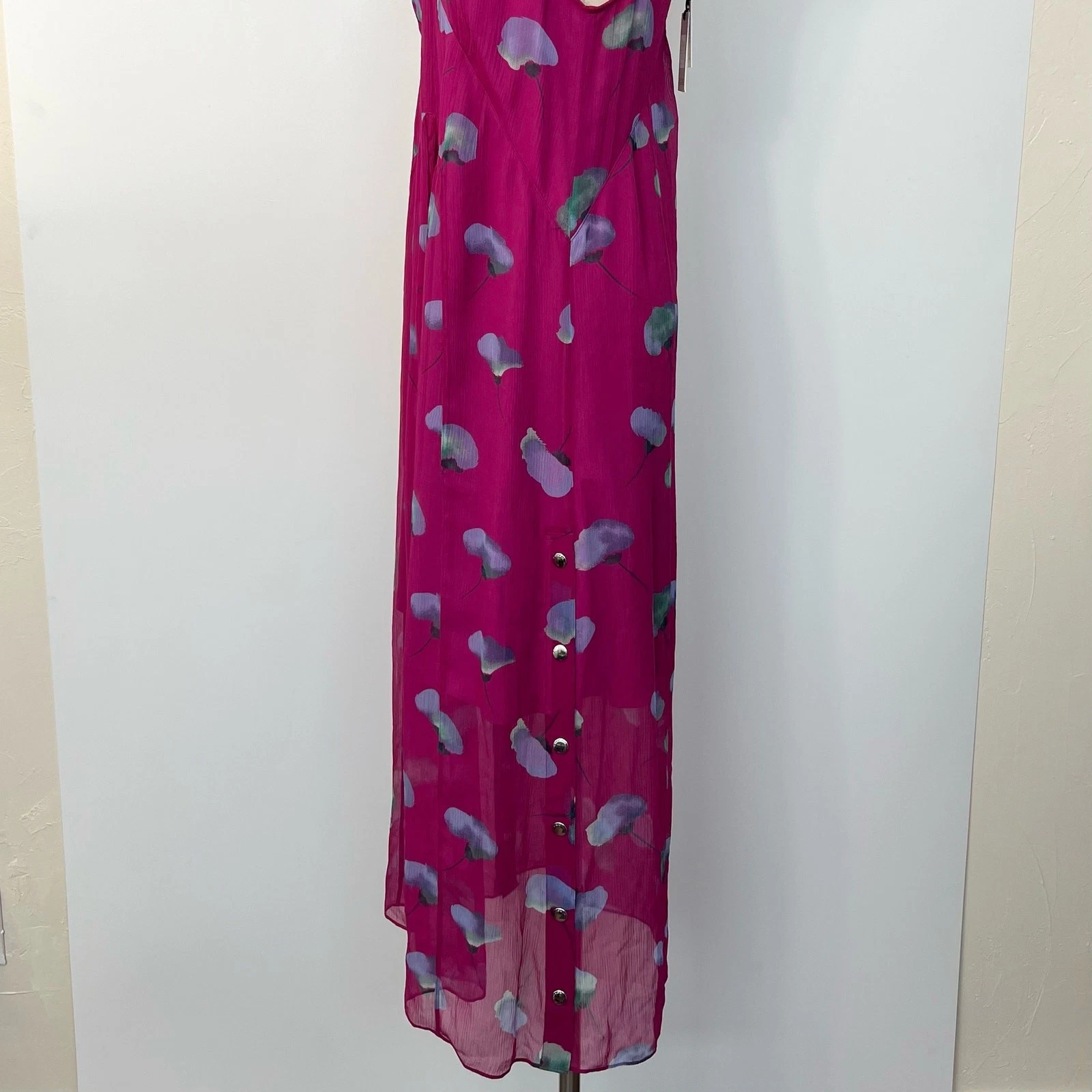 Abito midi Coach 1941 senza maniche scollo a V in seta floreale magenta Taglia: 4 Nuovo con etichette