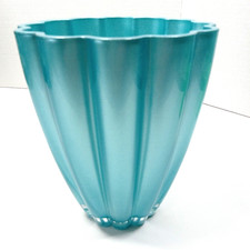 Metallic Aqua Blue Art Glass Vase Scalloped Edge Poland