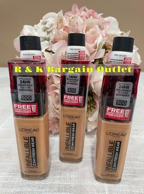 L'OREAL 24H Fresh Wear Foundation W/ Face Primer 500 Honey Bisque 1oz Ea 3pcs 