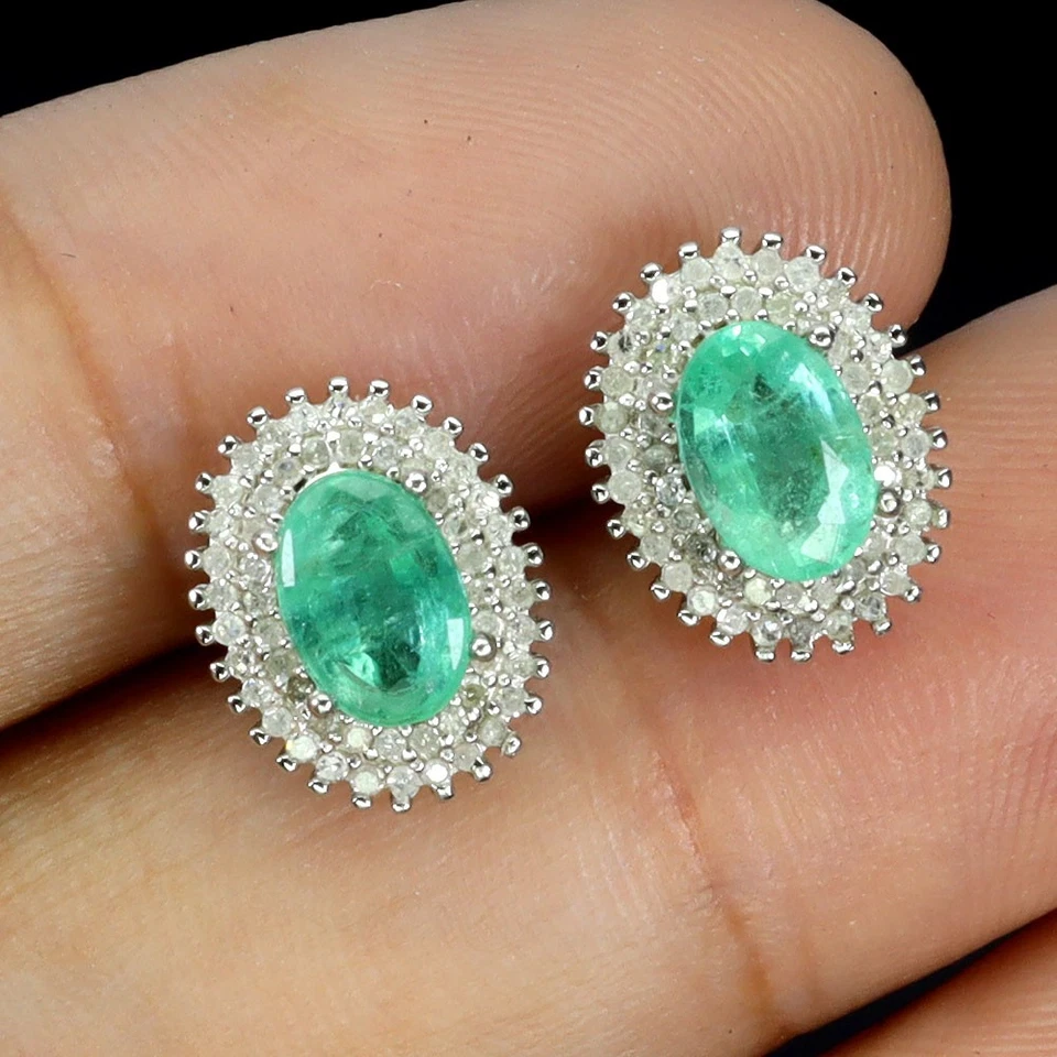 925 Sterling Silver Earrings Oval Emerald 6x4mm Diamond 108pcs Gemstone Jewelry - Image 2 of 4
