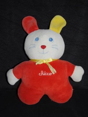 🍀Doudou Lapin Blanc Rouge Jaune CHICCO Ancien Vintage Peluche 28 Cm TBE - Photo 1/2
