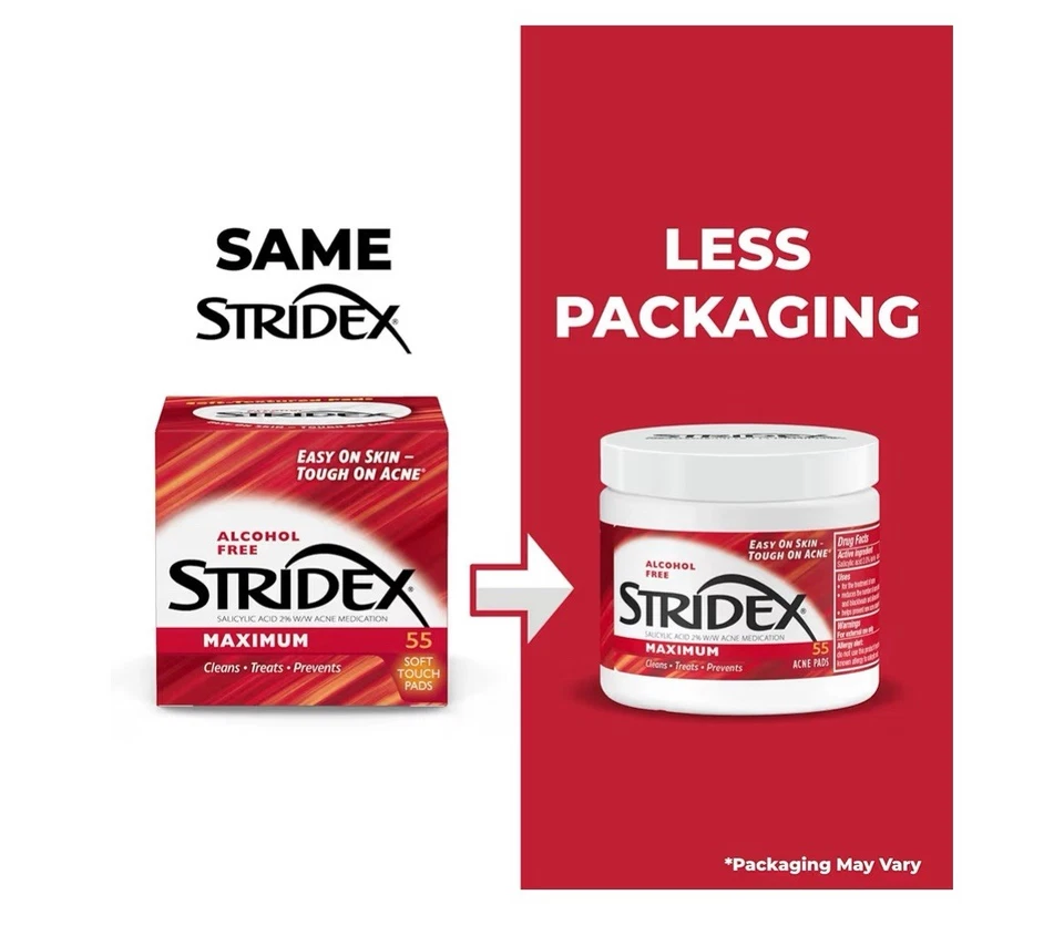 Almohadillas medicinales para el acné Stridex, máximo, 55 unidades - toallitas limpiadoras faciales, alcohol Foto 2 de 4