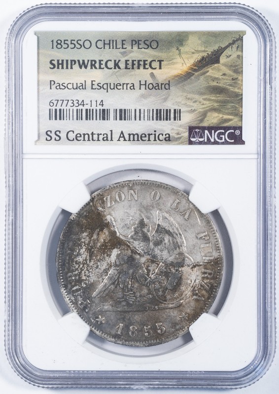 1855SO NGC Chile Silver Peso SS Central America Pascual Esquerra Hoard Shipwreck
