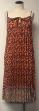 JOVINGS STYLE VINTAGE ORANGE & BROWN FLORAL FULLY PLEATED SLEEVELESS MID DRESS L