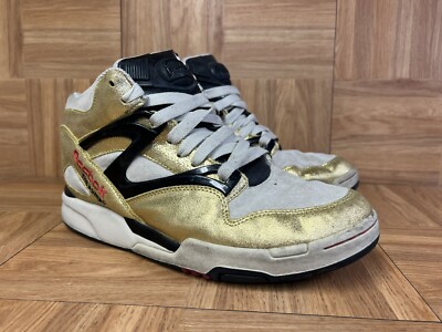 VNTG🔥 Reebok The Pump Omni Lite Basketball Shoes Gold Stucco Black Red 