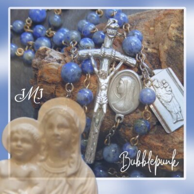 Vintage Our Lady of Notre Dame † Catholic Rosary † Blue Stone