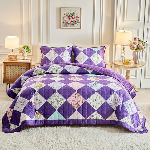 3 Pieces Flannel Floral Patchwork Quilt Set Queen, Argyle Plaid Flowers Purple D
