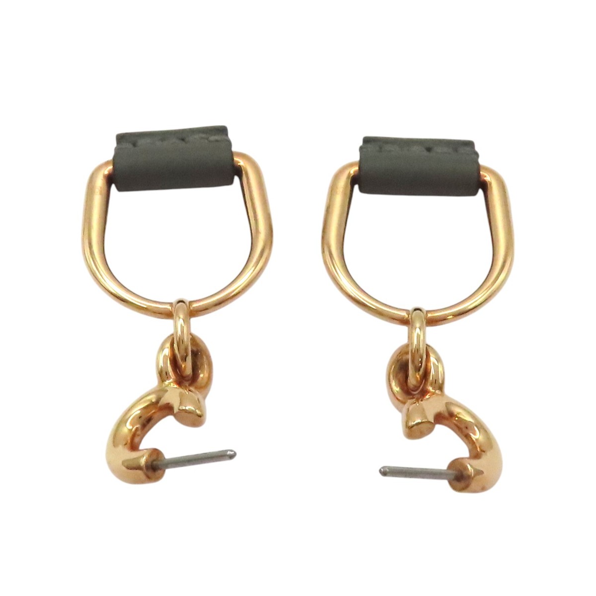正規店買付★HERMES Heritage Equestre Etrier L HERMES Heritage Equestre Etrier Earrings Leather Grey Gold