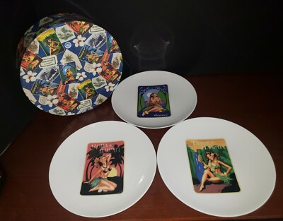 Island Heritage 3pc Hawaiian Hula Palm Girls Pupu Plates Set by Garry Palm w/Box