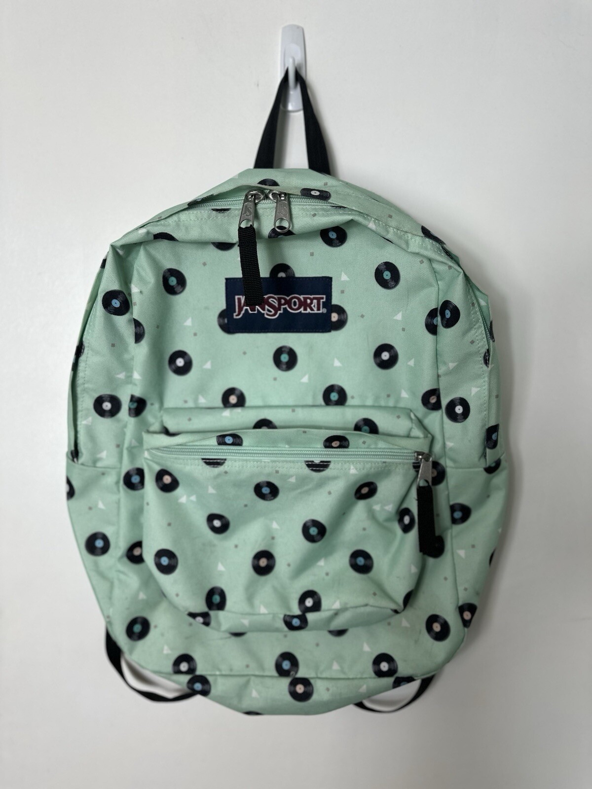 JanSport Superbreak Backpack in Vinyl Records Mint Green Black Print  -image
