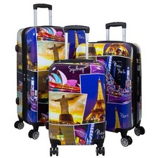 Reisekoffer & Kofferset 3tlg bunt Motiv 4 Rollen Hartschale Rio Paris New York