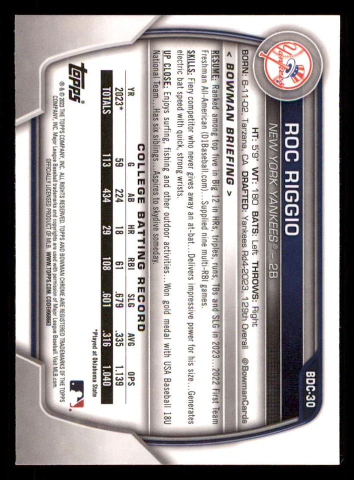 2023 Bowman Chrome Draft #BDC30 Roc Riggio - Image 2 of 2