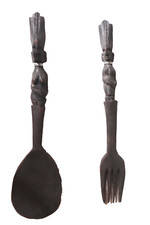 African Folk Art Hand Carved Sculptures Fork & Spoon Dark Wooden Tribal Handmade
