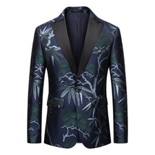 Men's Plant Pattern Jacquard Tuxedo Jacket Peak Lapel Dress Suit Blazer Coat