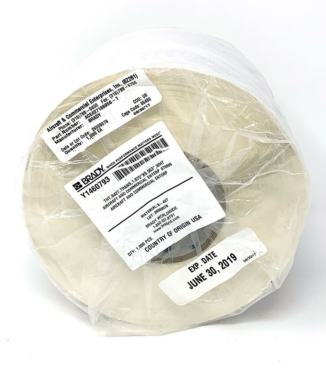 BRADY Y1460793 THT,B427,TRANS,1.875 BRADY Y1460793 THT,B427,TRANS,1.875