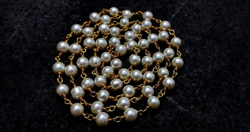 3 Feet Pearl Round Smooth 6-6.5mm Beads, Rosary Beaded Chain Gold Plated Wire - Picture 3 of 8