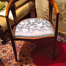 Wood Frame Accent Chair With Arms, Upholstered Padded Floral Seat Blue