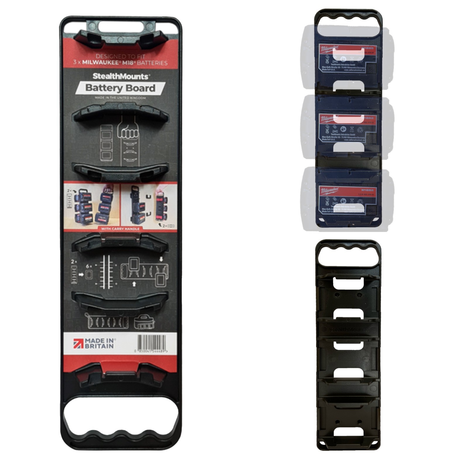 StealthMounts Battery Storage Board for 3x Milwaukee M18 Batteries, Carry Handle