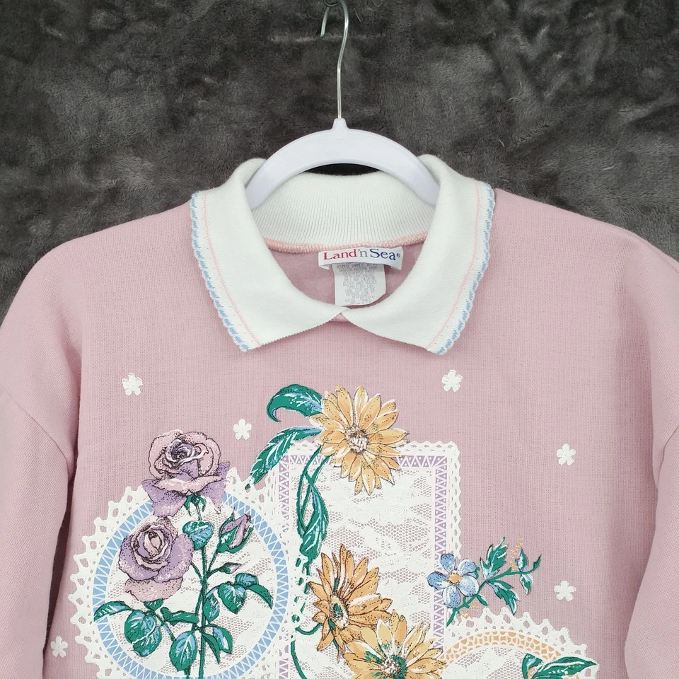 Land 'N Sea Sweatshirt Granny Collared Floral Pink Acrylic USA Made Small Vtg - Image 2 of 4