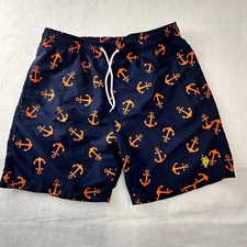 US Polo Assn Mens Navy Blue Orange Anchor Print Swim Trunks Board Shorts Large