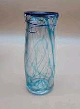 Modern Hand Blown Light Blue Swirl Clear Art Glass Vase With Applied Glass Swirl