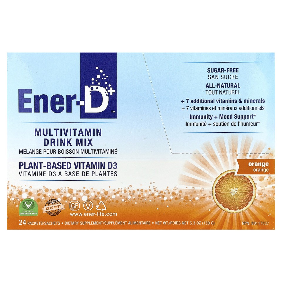 Ener-D, Vitamin D3, Hydrating Effervescent Drink Mix, Sugar Free, Orange, 1,000