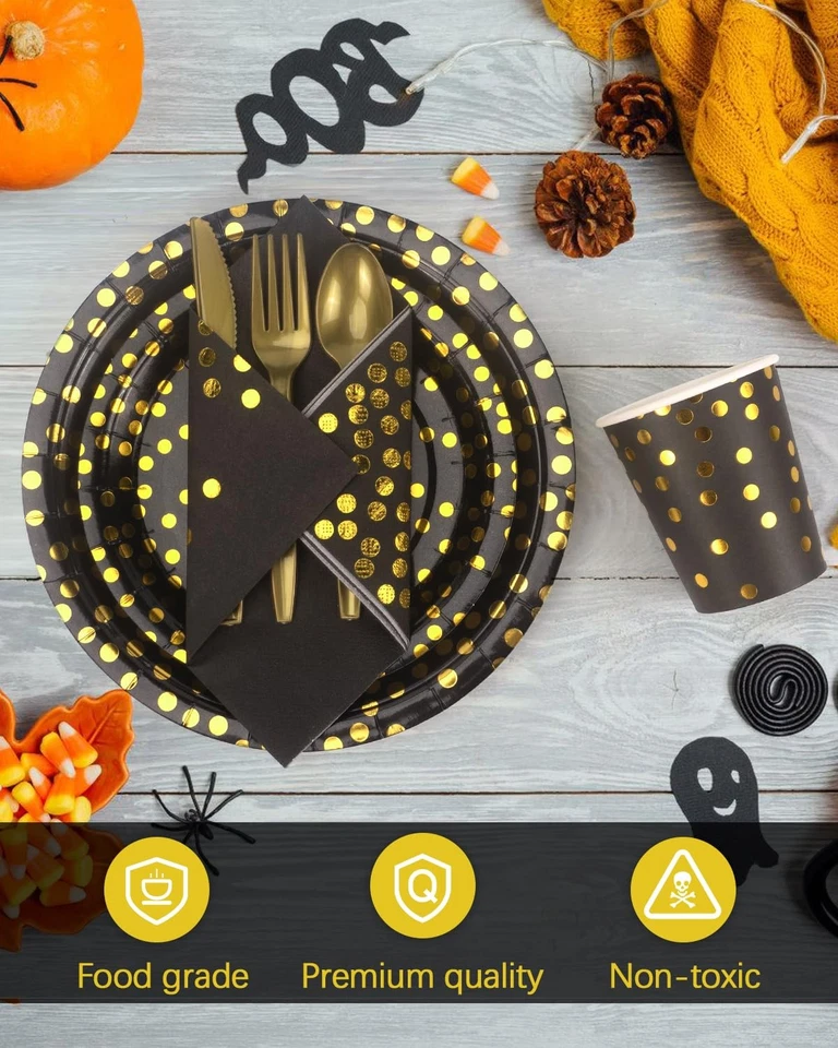 364 PIEZAS Suministros de Fiesta Negros y Dorados, 52 Juegos de Vajilla Desechable Incluye... Foto 2 de 4