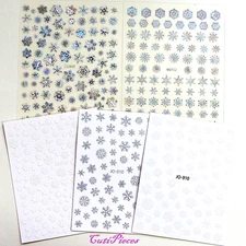 Xmas Nail Art Stickers Silver Laser Holographic White Glitter Snowflakes Decals