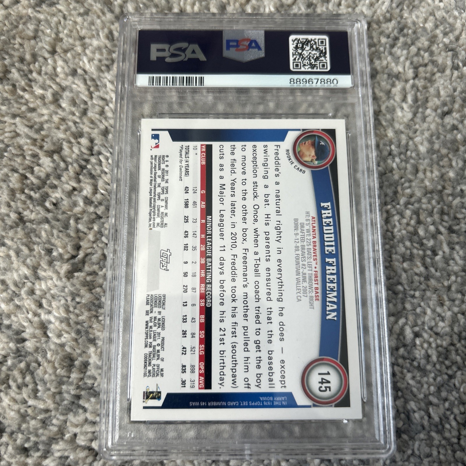 2011 Topps #145 Freddie Freeman RC Rookie PSA 10 HOF Centered Dodgers view 2