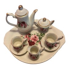 Miniature Floral Ceramic Tea Set Gold Accents Tray Cups Saucers Creamer Sugar B  