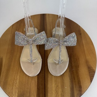 Big Kids Betsey Johnson Sasha Crystal Beige Bow Thong Slingback Sandals Size 3 Y