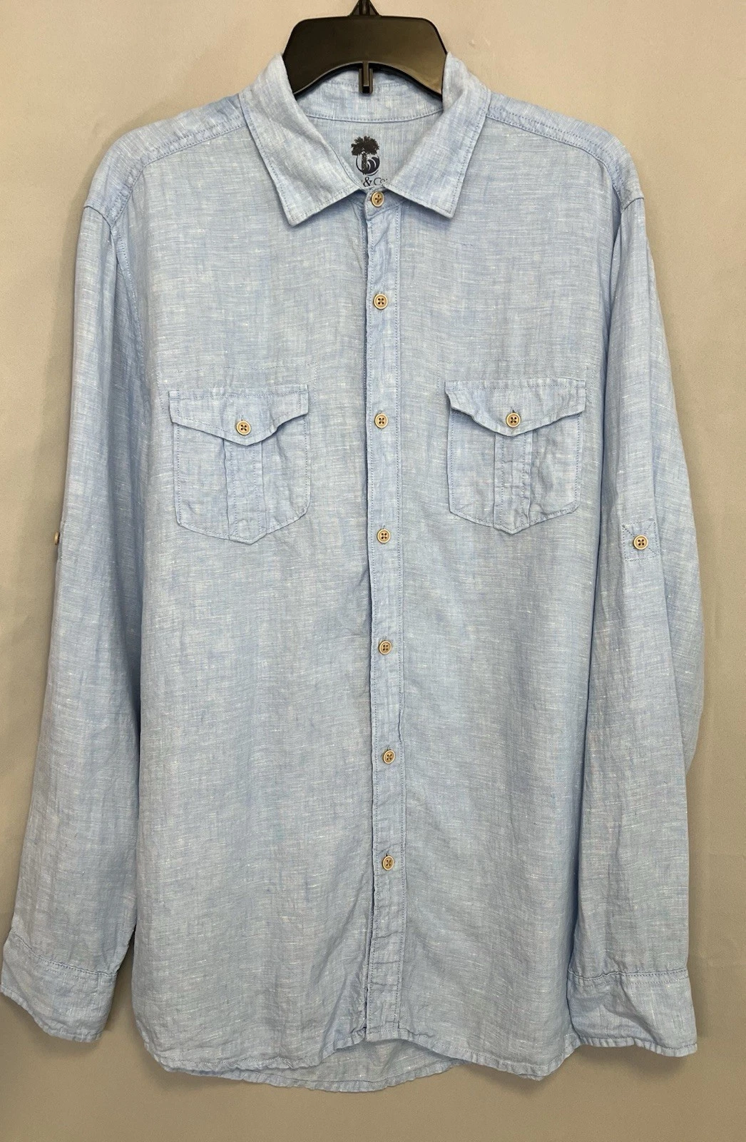 Ocean & Coast 100% Linen Long Sleeve Button Front Blue Shirt Size Large