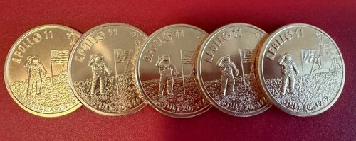 Apollo 11 Copper Coin Lot of 5 1oz .999 Fine Copper Space NASA Round