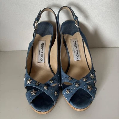 JIMMY CHOO Sandales Talon Mule Bout Ouvert Strass Étoiles Femme Taille 36 Bleue - Photo 1/4