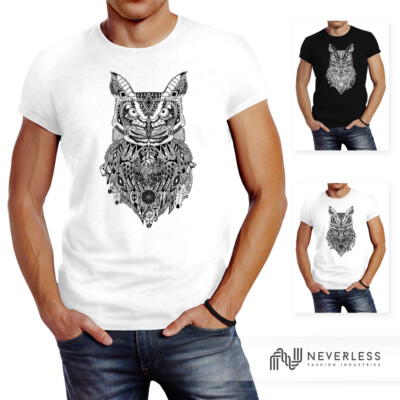 Herren T-Shirt Eule Atzekenmuster Ethno Boho Bohamian Atzec Owl Neverless 