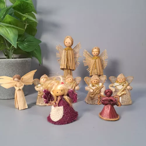 vintage set of purple and cream natural look Christmas angels xmas decorations