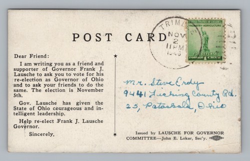 1940s Governor Frank J Lausche Election Campaign Ohio Postcard - Picture 2 of 2