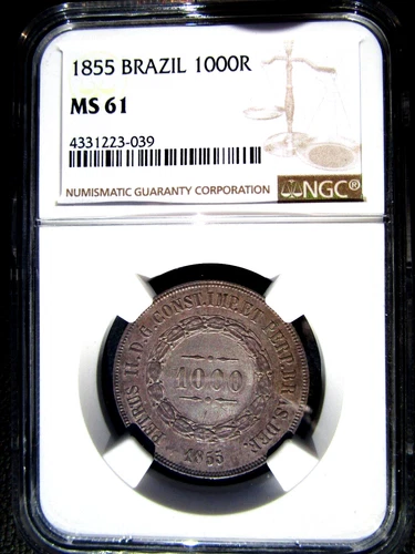 1855 Brazil 1000 Reis, NGC MS 61, 039
