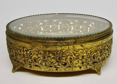 Vintage oval gold metal beveled glass box big 8'' jewelry trinket vanity ormolu
