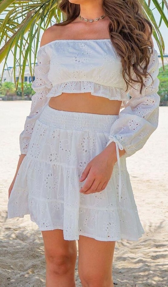 White Eyelet Broderie Anglaise Tiered Smocked Waist A-Line Mini